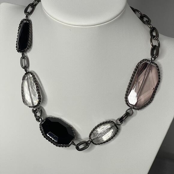 chunky chain link necklace black gray clear faux jewels in silver tone setting - Picture 4 of 10